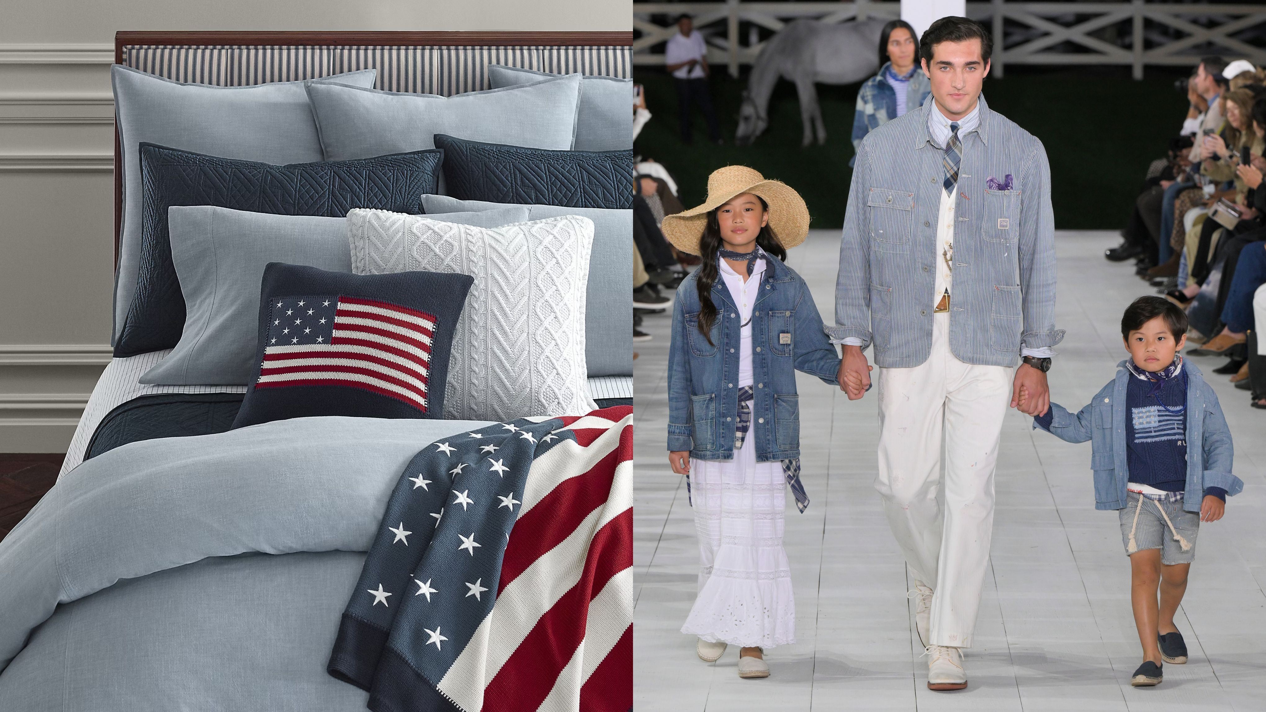 Left: Workshirt Chambray Bedding Collection in light and dark indigo blues by Ralph Lauren Home styled in a bedscape with an American flag and an American flag-motif pillowcase. Right: three models, including a man and two children, debuting denim looks from Ralph Lauren Spring 2025 RTW