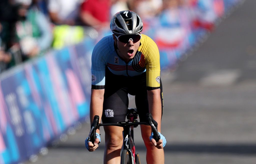 Lotte Kopecky celebrates taking bronze in the Olympic Road Race