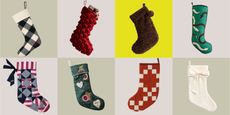 A 2 x 8 box of product images depicting different kinds of Christmas stockings in different patterns and colorways.