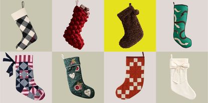 A 2 x 8 box of product images depicting different kinds of Christmas stockings in different patterns and colorways.