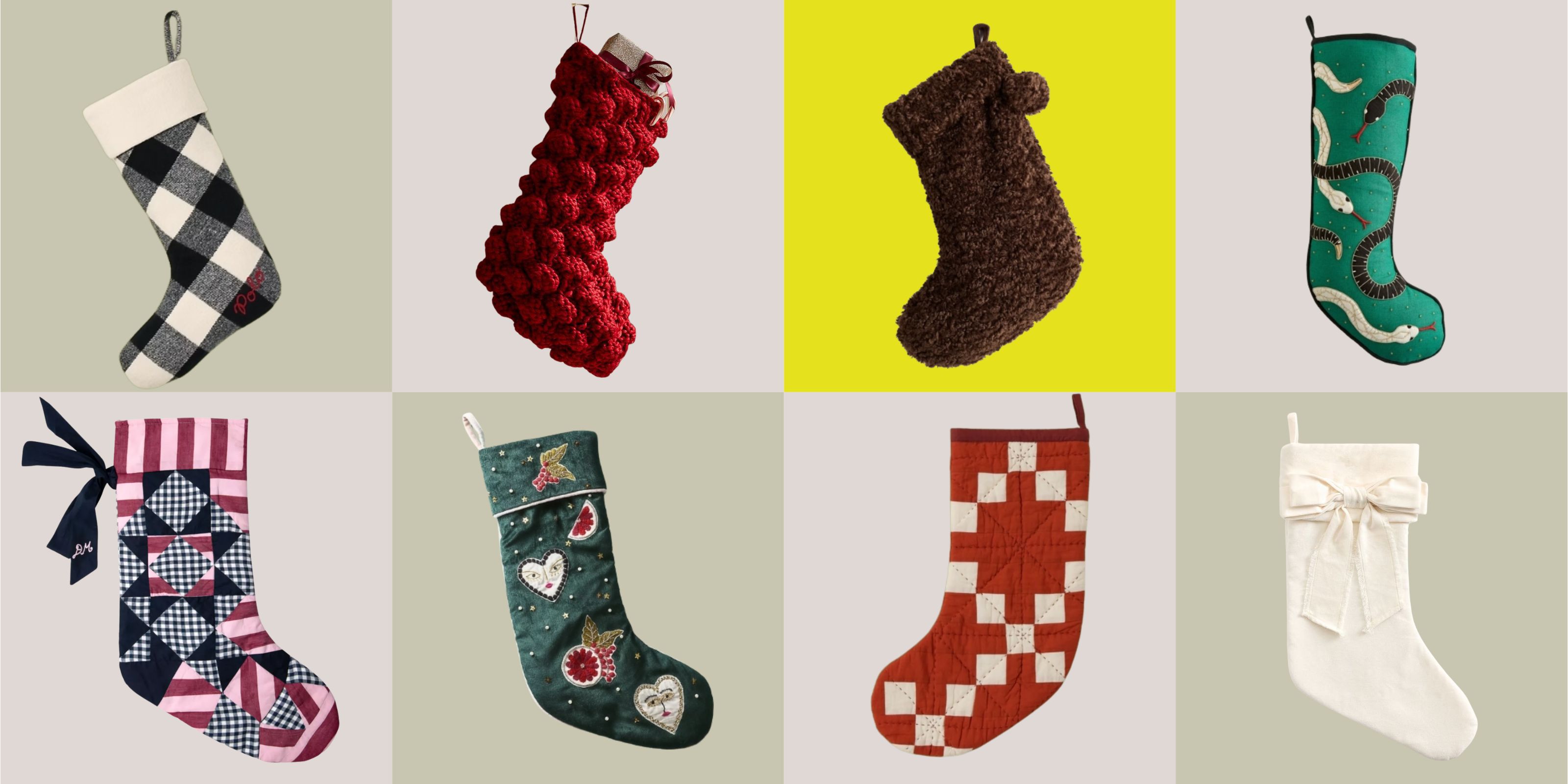 A 2 x 8 box of product images depicting different kinds of Christmas stockings in different patterns and colorways.