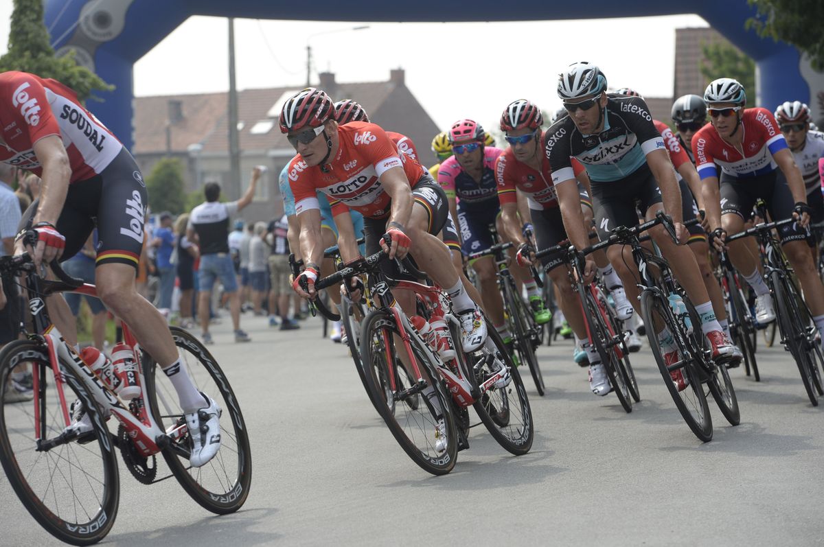 Andr&eacute; Greipel takes a bend in the bunch