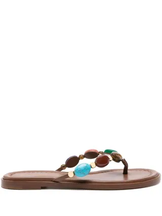 Gianvito Rossi Brown Shanti Embellished Leather Flip Flops