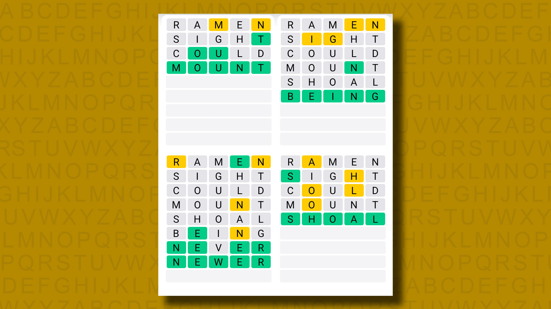 Quordle answers for game 1328 on a yellow background