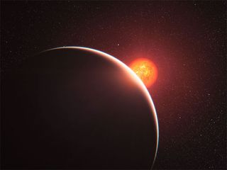 This artist’s impression shows the super-Earth exoplanet GJ 1214b passing in front of its faint red parent star. The exoplanet, orbiting a small star only 40 light-years away from us, has a mass about six times that of the Earth. GJ 1214b appears to be surrounded by an atmosphere that is either dominated by steam or blanketed by thick clouds or hazes.