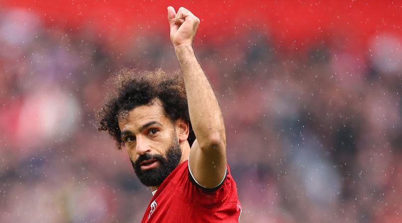 Liverpool&#039;s Mohamed Salah celebrates after scoring against Everton in the Premier League in October 2023.