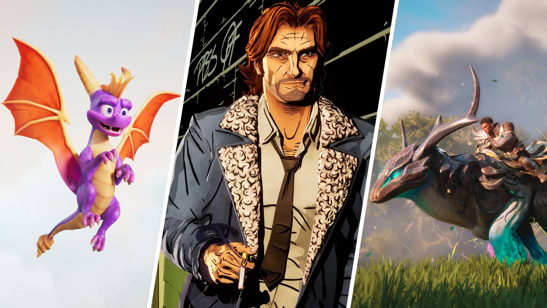 A split image: The left image shows purple dragon Spyro, the middle image shows Bigby from The Wolf Among Us, and the right image shows a character riding a mount in Guild Wars 3.