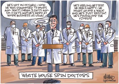 Political Cartoon U.S. Trump COVID doctors spin