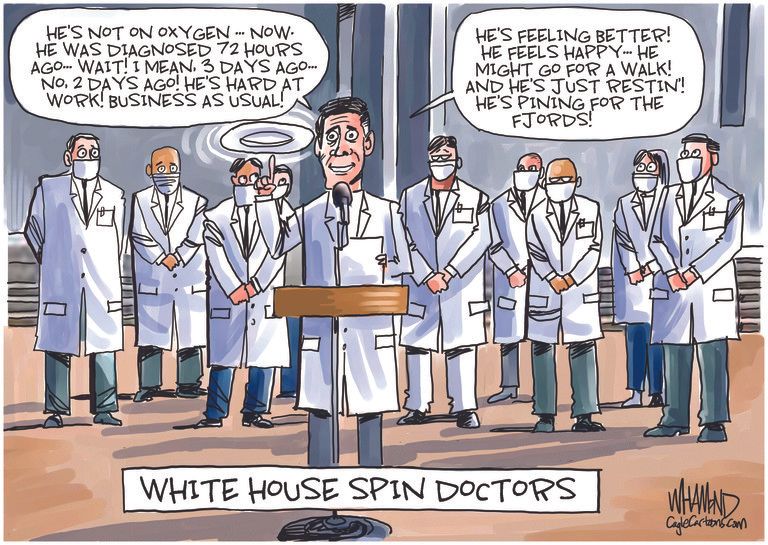 Political Cartoon U.S. Trump COVID doctors spin