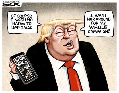 Political Cartoon U.S. Trump Ilhan Omar hate campaign