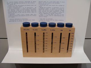 A wall display featuring text behind a thermometer style monetary scale.