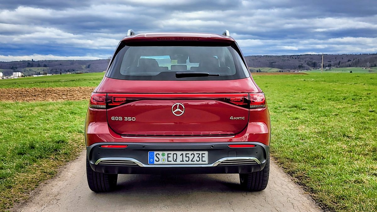 Rear view of Mercedes EQB parked on a country lane