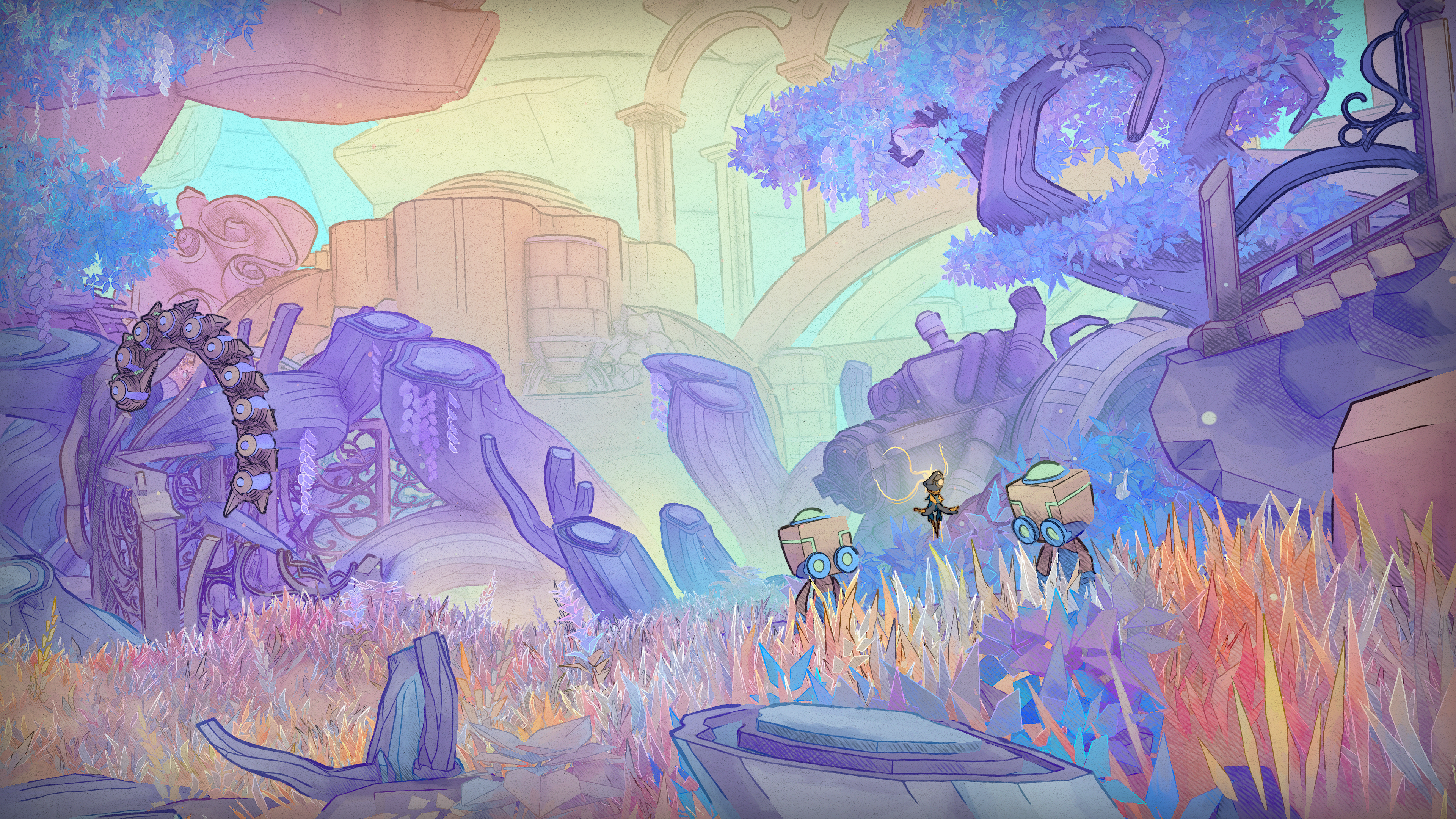 A screen of a watercolour, illustrated indie game