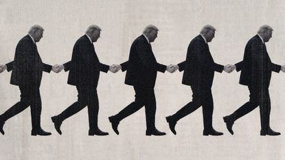 Photo collage of many Donald Trumps in a row, looking like a paper chain. Each figure is shaking hands with the one behind and in front of him.