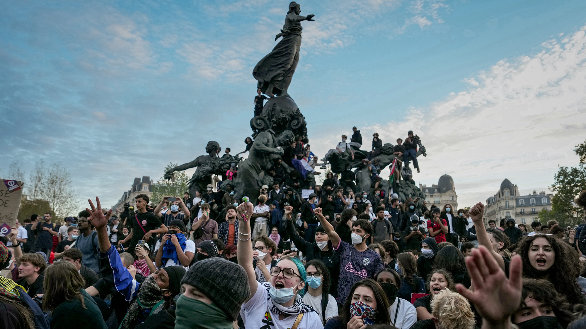 Protestors gather in Place de la R&amp;eacute;publique during a nationwide day of demonstrations called by high school students, unions and teachers, in Paris, France