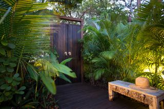 tropical garden ideas using dark wood gates