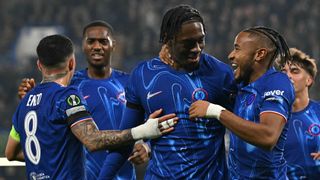 Chelsea's French defender #02 Axel Disasi (2R) celebrates scoring the team's third goal with Chelsea's French striker #18 Christopher Nkunku during the UEFA Europa Conference League, League Stage football match between Chelsea and FC Noah at Stamford Bridge in London on November 7, 2024.