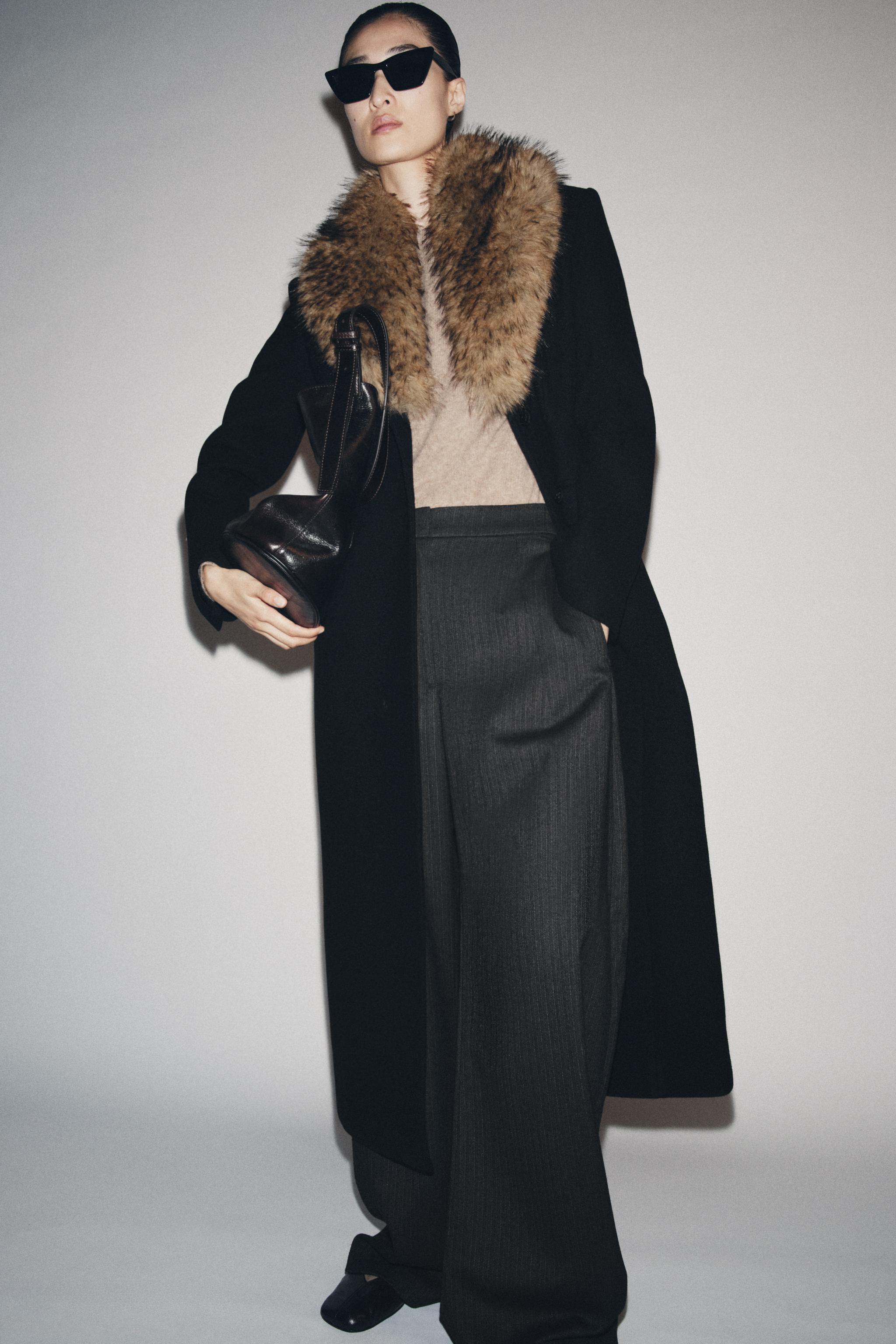 Wool Coat With Faux Fur Collar Zw Collection