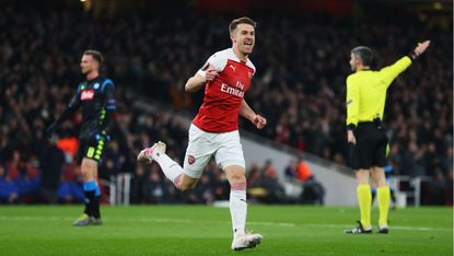 Arsenal midfielder Aaron Ramsey celebrates his goal against Napoli in the Europa League