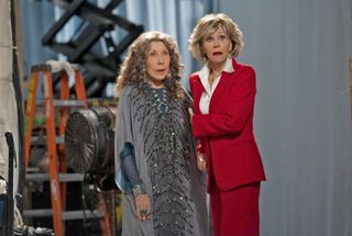 lily tomlin and jane fonda look surprised in a still from Grace and Frankie