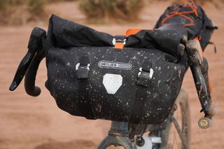 Image shows Ortlieb's Handlebar-Pack QR mounted on a gravel bike that was used on a bikepacking loop across the Atlas mountains in Morocco