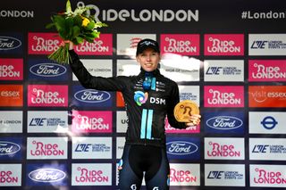 Lorena Wiebes of Netherlands and Team DSM celebrates as stage winner during the 5th RideLondon Classique 2022