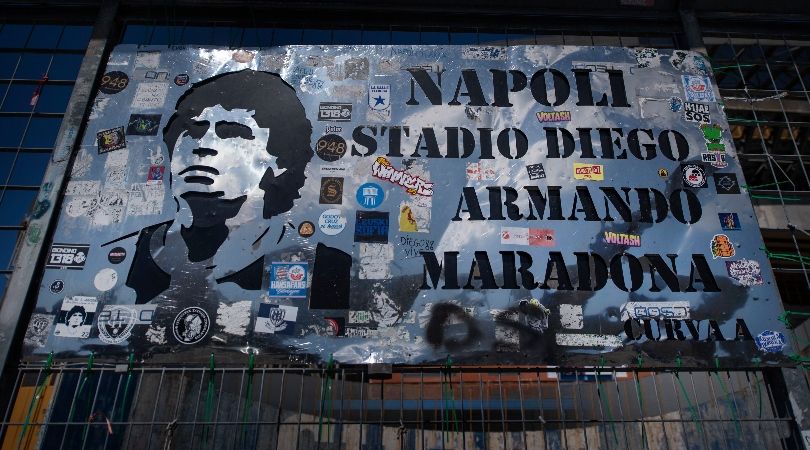 A sign outside Napoli&#039;s Stadio Diego Armando Maradona in March 2023.