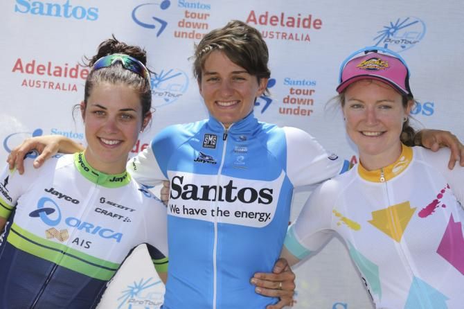 Mel Hoskins (Orica-AIS), Valentina Scandolara (Orica-AIS) and Lauren Kitchen (Roxsolt) complete the stage 1 podium