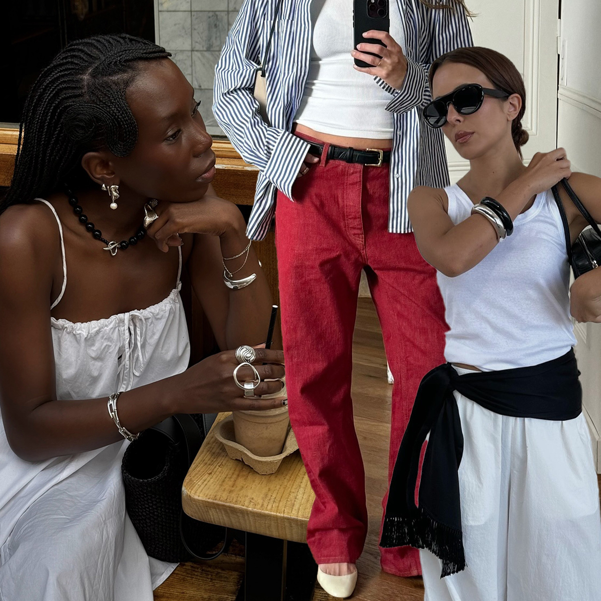 @daniellejinadu wearing a white dress at coffee shop; @deborabrosa wearing white balloon pants and a tank top; @annelauremais wearing red jeans and a striped button-down