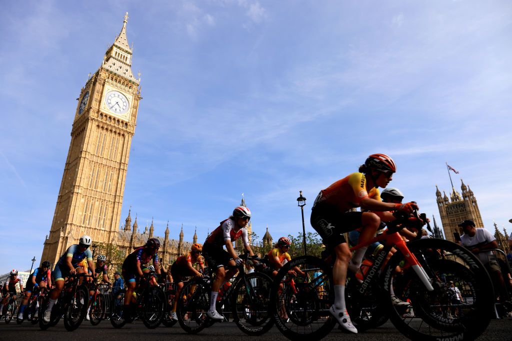 LONDON ENGLAND MAY 28 LR Flavie Boulais of France and Cofidis Women Team Coralie Demay of France and Team St Michel Mavic Auber93 WE and a general view of the peloton competing close to the Big Ben during the 6th RideLondon Classique 2023 Stage 3 a 912km stage from London to London UCIWWT on May 28 2023 in London England Photo by Stephen PondGetty Images