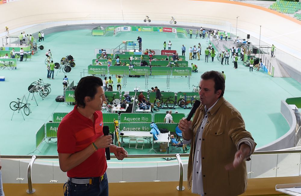 International Olympic Committee Executive Director Christophe Dubi (LR) and Rio's Mayor Eduardo Paes, during the inauguration of the Velodrome of the Olympic Park