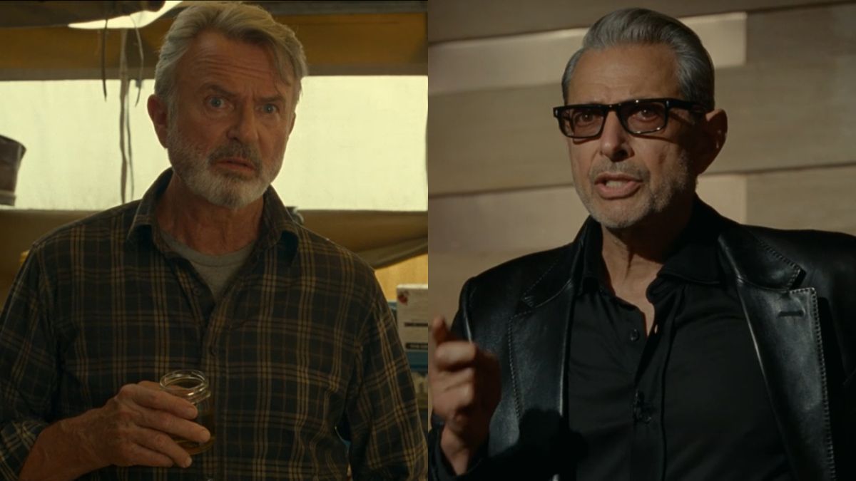 Sam Neill and Jeff Goldblum, pictured in Jurassic World Dominion, side by side.