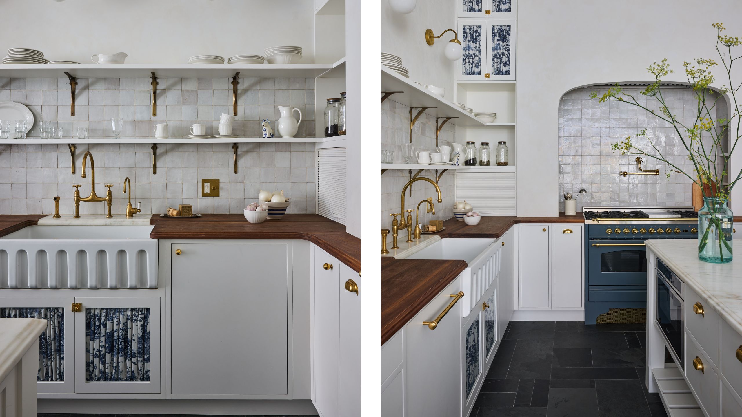 two side by side images of a neutral layered kitchen with dark wooden counters, zellige tiles, open shelving, fluted sink and under sink cabinet curtain