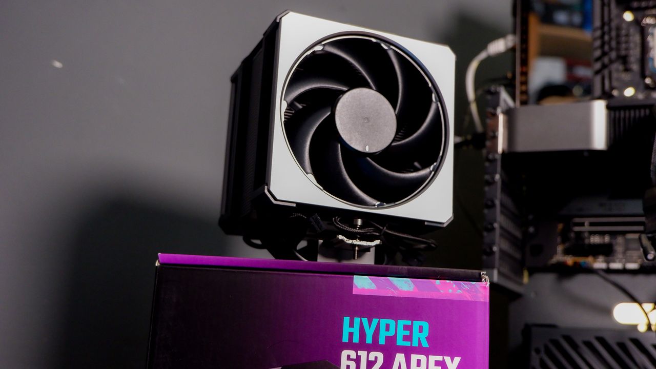 A Cooler Master Hyper 612 Apex on a desk and installed on a gaming PC.