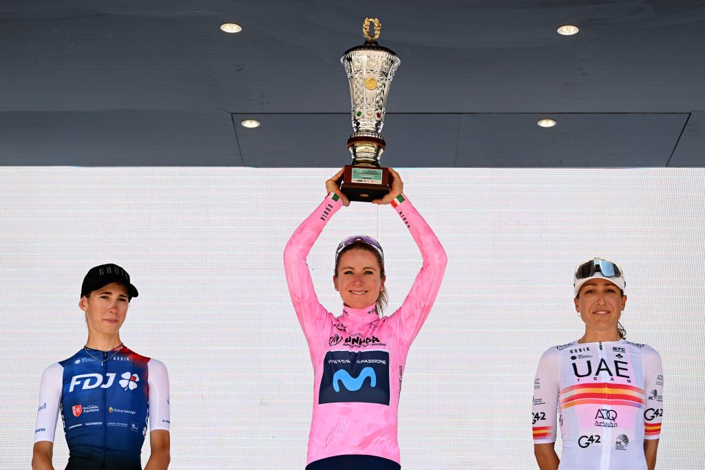 PADOVA ITALY JULY 10 LR Marta Cavalli of Italy and Team FDJ Nouvelle Aquitaine Futuroscope on second place race winner Annemiek Van Vleuten of Netherlands and Movistar Team and Margarita Victoria Garcia Caellas of Spain and UAE Team Adq on third place celebrate during the podium ceremony after the 33rd Giro dItalia Donne 2022 Stage 10 a 905km stage from Abano Terme to Padova GiroDonne UCIWWT on July 10 2022 in Padova Italy Photo by Dario BelingheriGetty Images