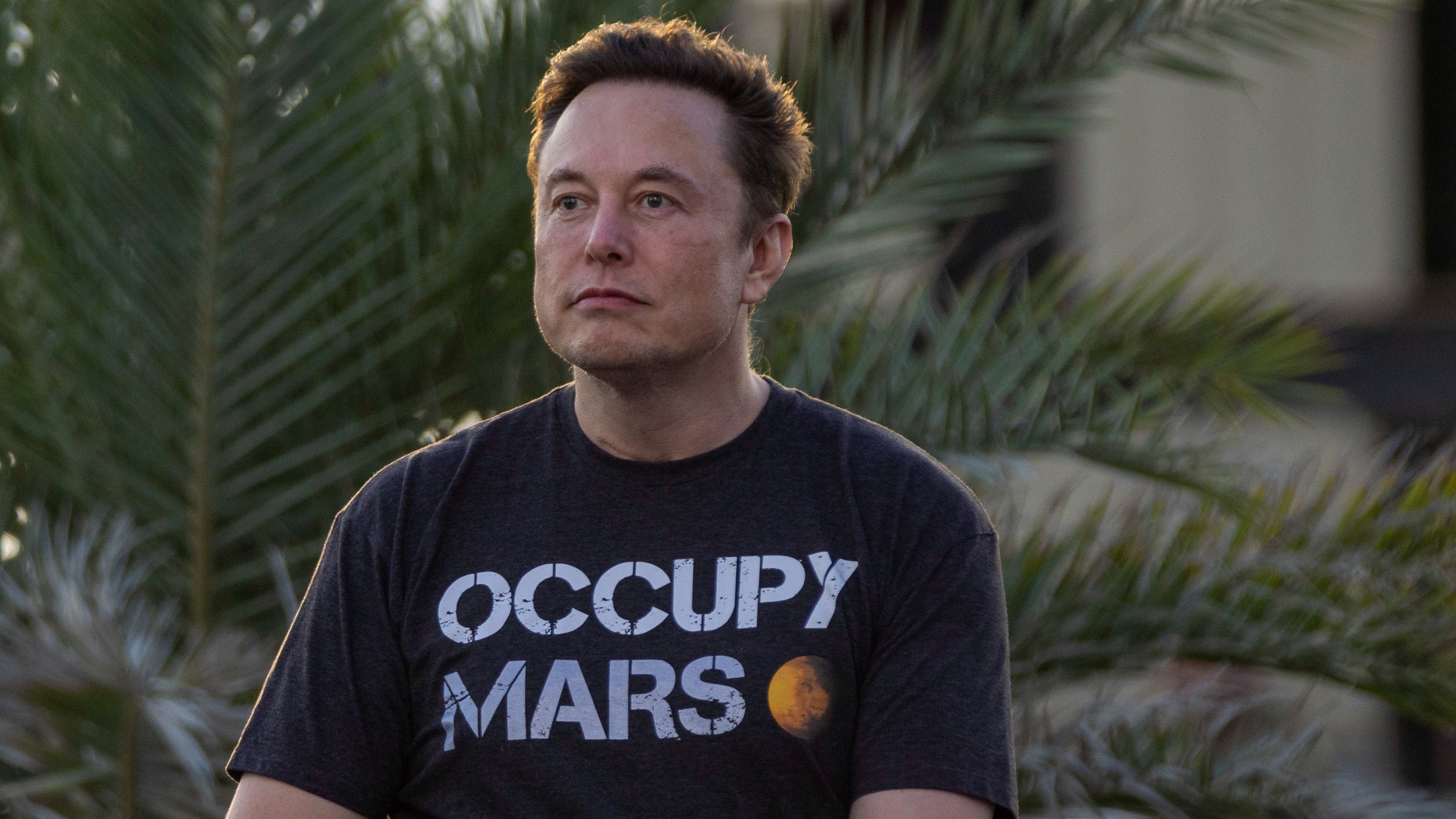 elon musk sitting in an occupy mars black tshirt with plants in behind