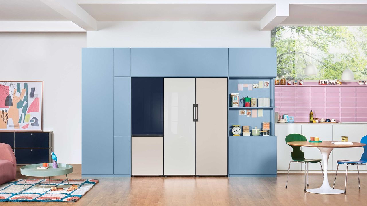 Navy white and blue fridge freezer in a large open plan kitchen living space - Samsung