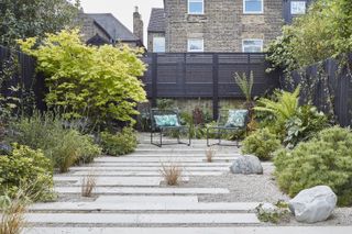 Modern urban garden with black painted fencing and