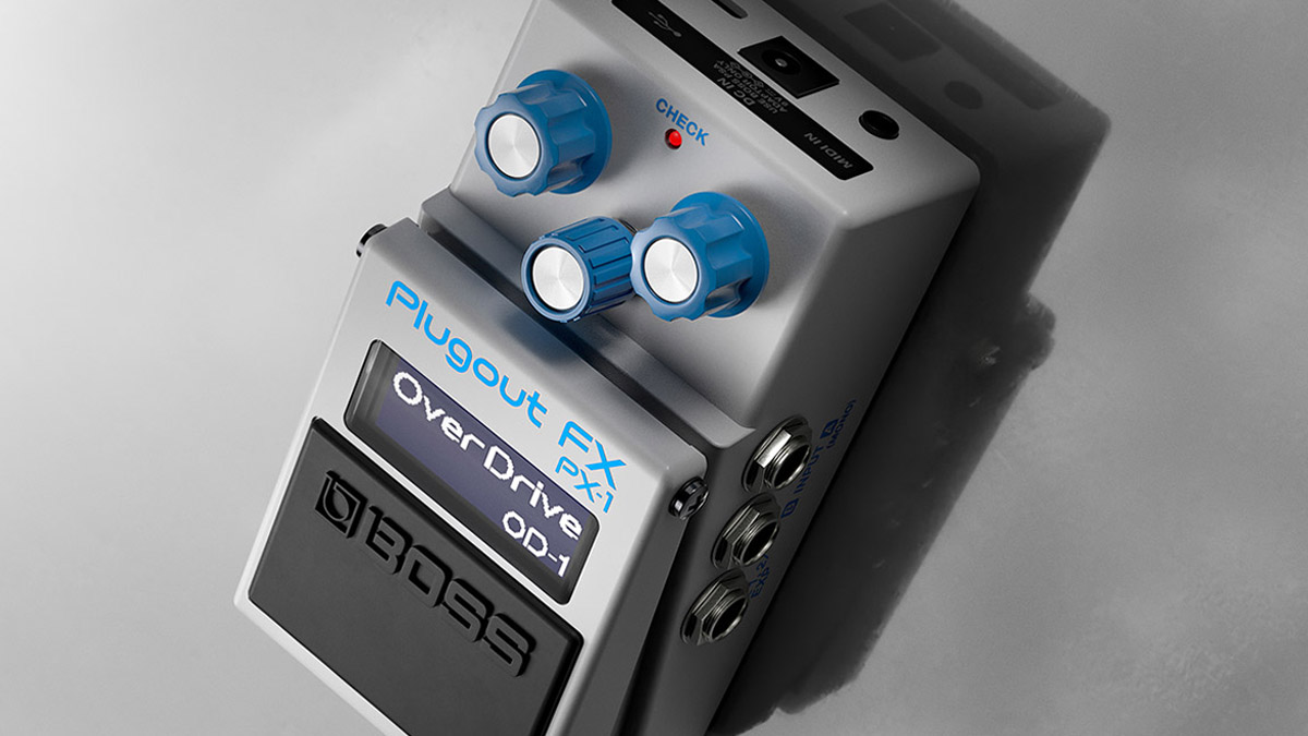 The Boss PX-1 Plugout FX is a white compact series Boss pedal with three blue dials with silver inserts, and has eight assignable presets so that it can be any one of 16 classic pedals.