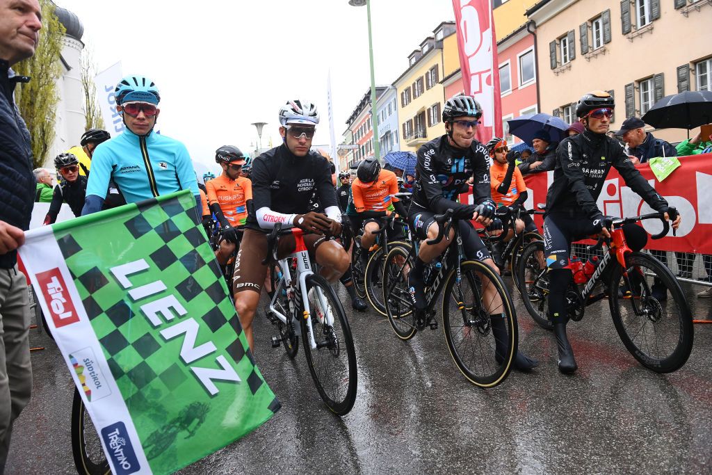 LIENZ AUSTRIA APRIL 22 LR Miguel ngel Lpez Moreno of Colombia and Team Astana Qazaqstan Red Intermediate Sprint Jersey Geoffrey Bouchard of France and AG2R Citroen Team Blue Mountain Jersey Thymen Arensman of Netherlands and Team DSM White Best Young Rider Jersey and Pello Bilbao Lpez De Armentia of Spain and Team Bahrain Victorious Green Leader Jersey prior to the 45th Tour of the Alps 2022 Stage 5 a 1145km stage from Lienz to Lienz TouroftheAlps on April 22 2022 in Lienz Austria Photo by Tim de WaeleGetty Images