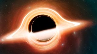 a dark black hole surrounded by glowing orange gases