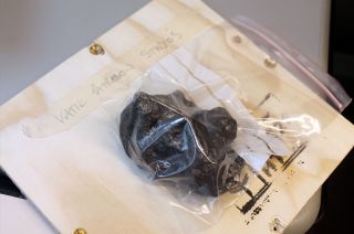 Artist Katie Paterson's reconstituted and coated Campo del Cielo meteorite as prepared for flight on the European Space Agency's ATV-5 Georges Lemaître.
