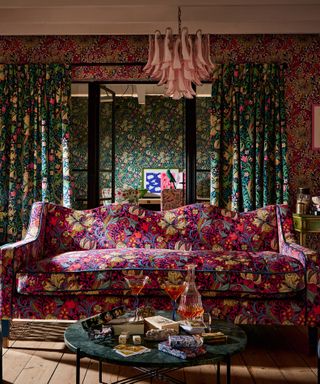 Maximalist living room with vibrant patterns