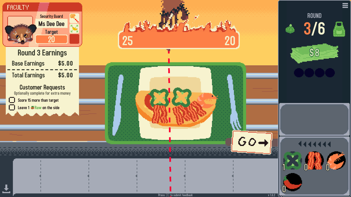 A player assembling an omelette, with a red dotted line dividing it almost in half.