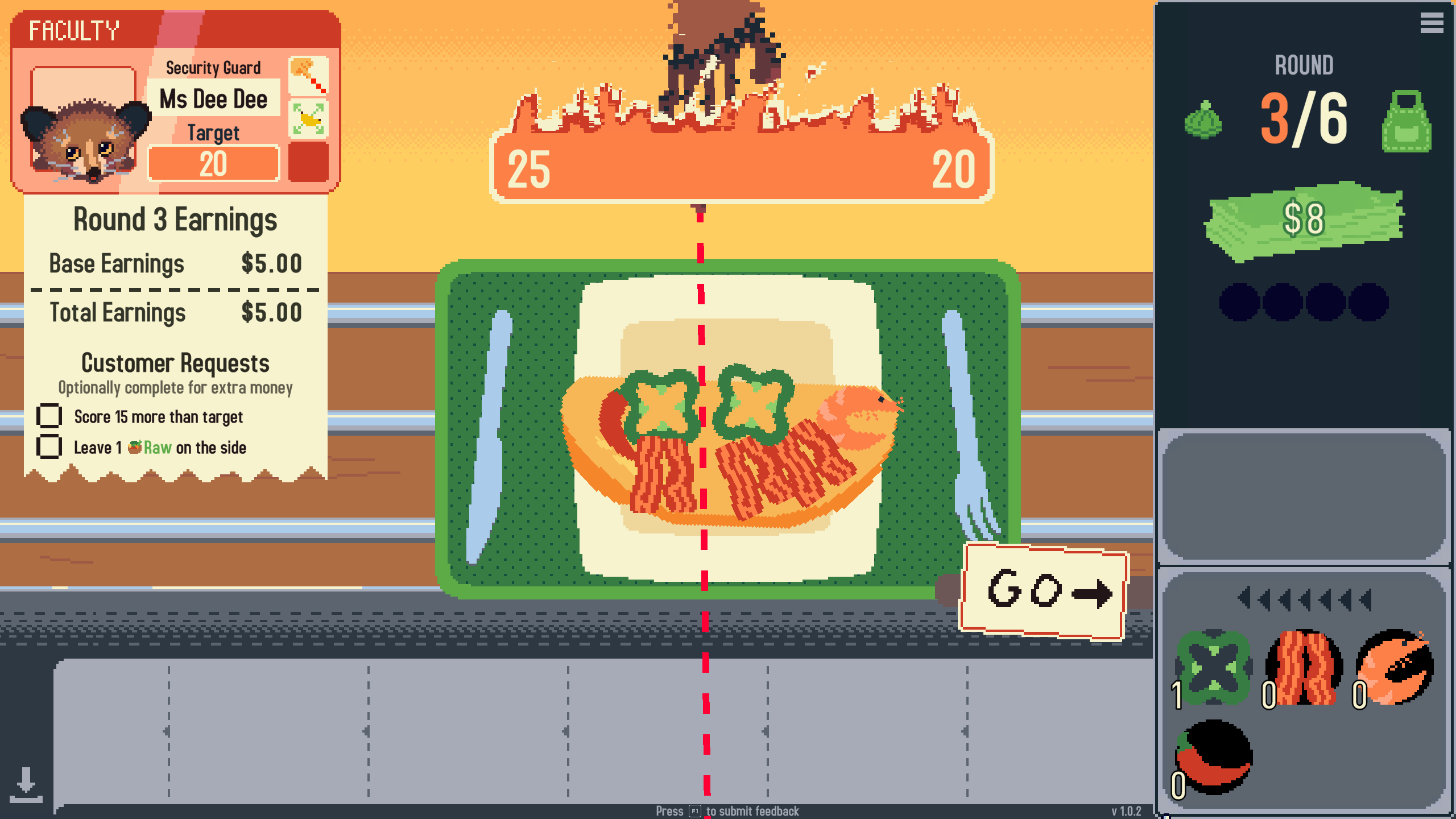 A player assembling an omelette, with a red dotted line dividing it almost in half.