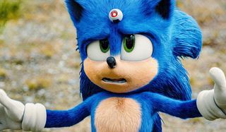 Sonic The Hedgehog looking up at the drone stuck to his head