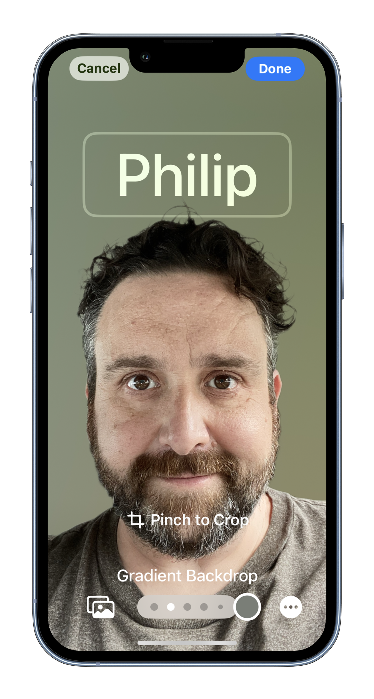 MockUPhone screenshots of the contact poster on iOS 17 showing my face with name and different color and filter options