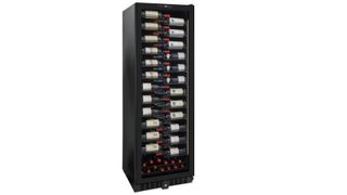 A vinoview wine cooler with the door closed, full of bottles of wine