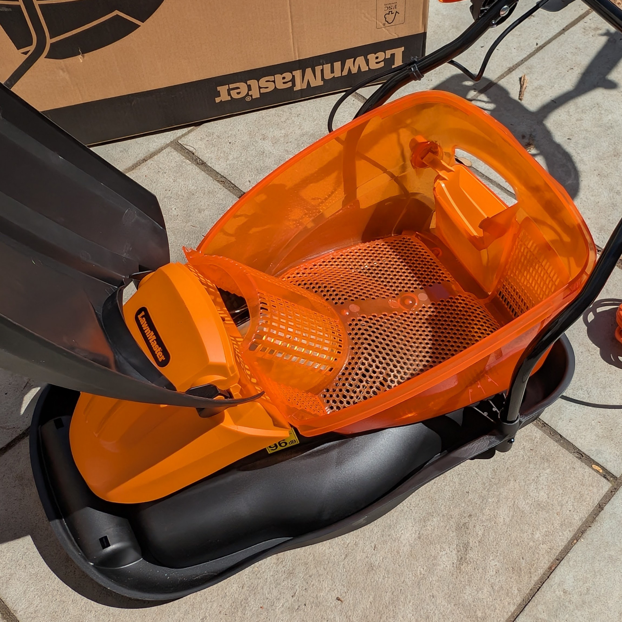 LawnMaster 1800W Electric Hover Lawn Mower grass box on unit