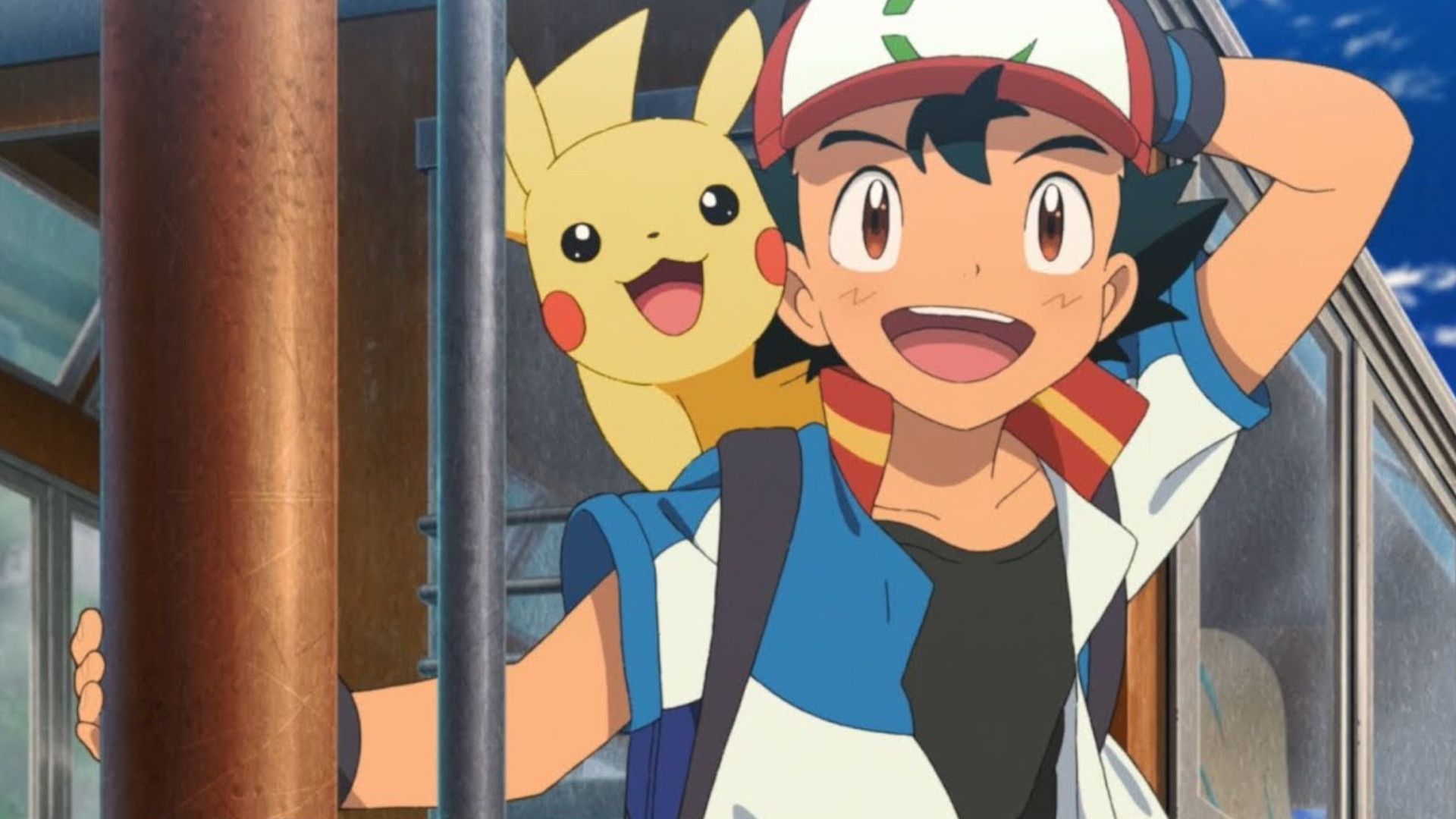 Ash holding his hat down while looking out a window of a moving train with Pikachu on his shoulder during Pokemon the Movie: The Power of Us.